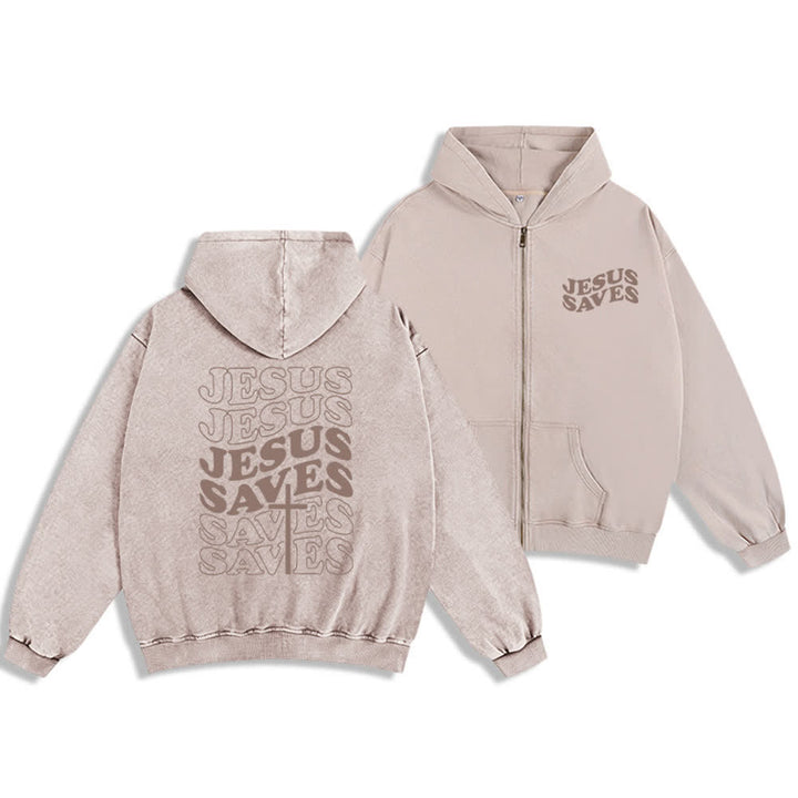 Chaqueta con capucha y cremallera de Christianartworkshop con estampado de Jesús salvado y diseño de Washed Street. - Beige - 2XL - image 12