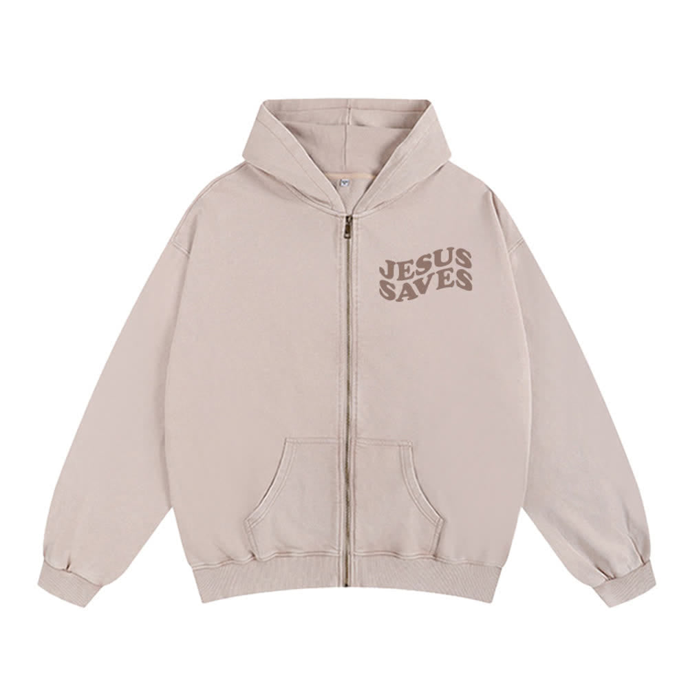 Chaqueta con capucha y cremallera de Christianartworkshop con estampado de Jesús salvado y diseño de Washed Street. - image 14