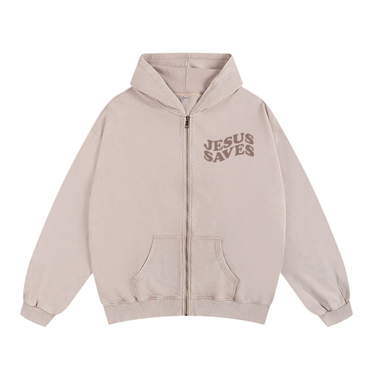 Chaqueta con capucha y cremallera de Christianartworkshop con estampado de Jesús salvado y diseño de Washed Street. - image 14