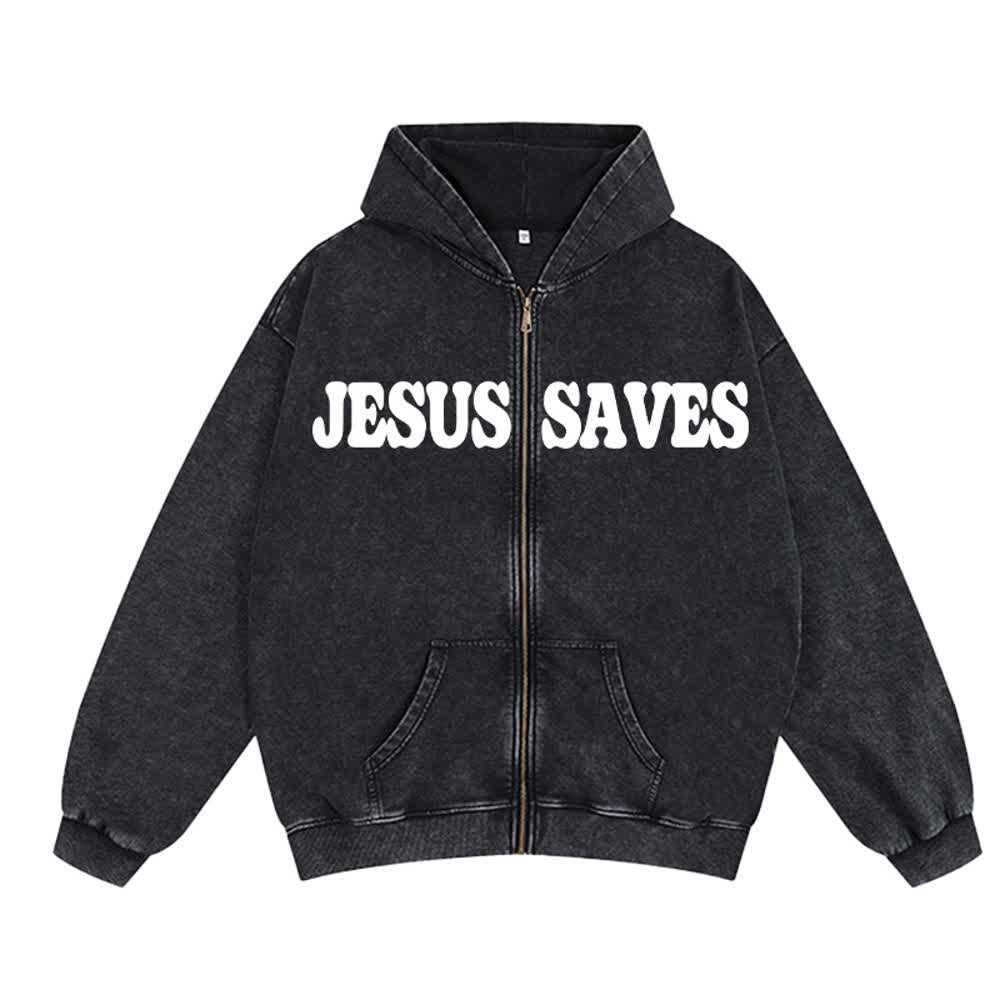 Chaqueta con capucha estilo streetwear extragrande con estampado de Jesús salva de Christianartworkshop - Gris - 2XL - image 5