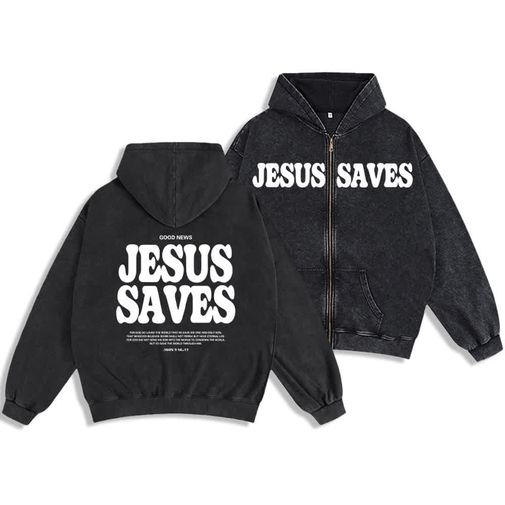 Chaqueta con capucha estilo streetwear extragrande con estampado de Jesús salva de Christianartworkshop - Negro - 2XL - image 3