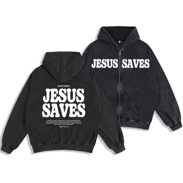 Chaqueta con capucha estilo streetwear extragrande con estampado de Jesús salva de Christianartworkshop - Negro - 2XL - image 3