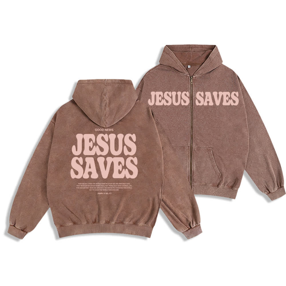 Chaqueta con capucha estilo streetwear extragrande con estampado de Jesús salva de Christianartworkshop - Marrón - 2XL - image 0