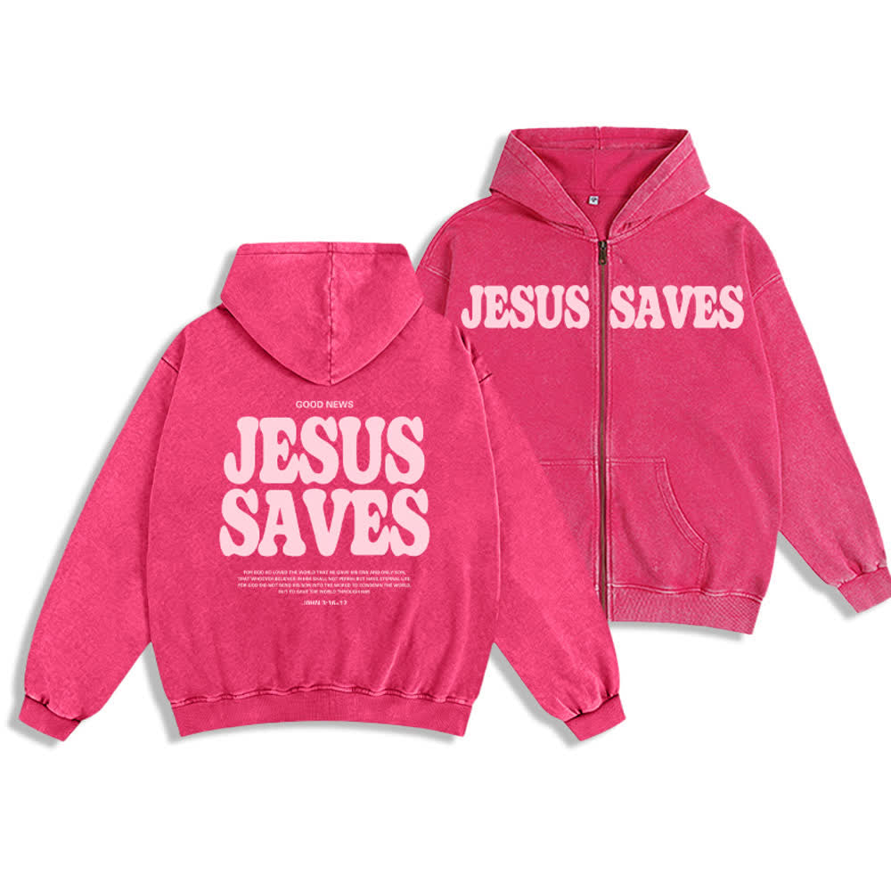 Chaqueta con capucha estilo streetwear extragrande con estampado de Jesús salva de Christianartworkshop - Rosa - 2XL - image 9
