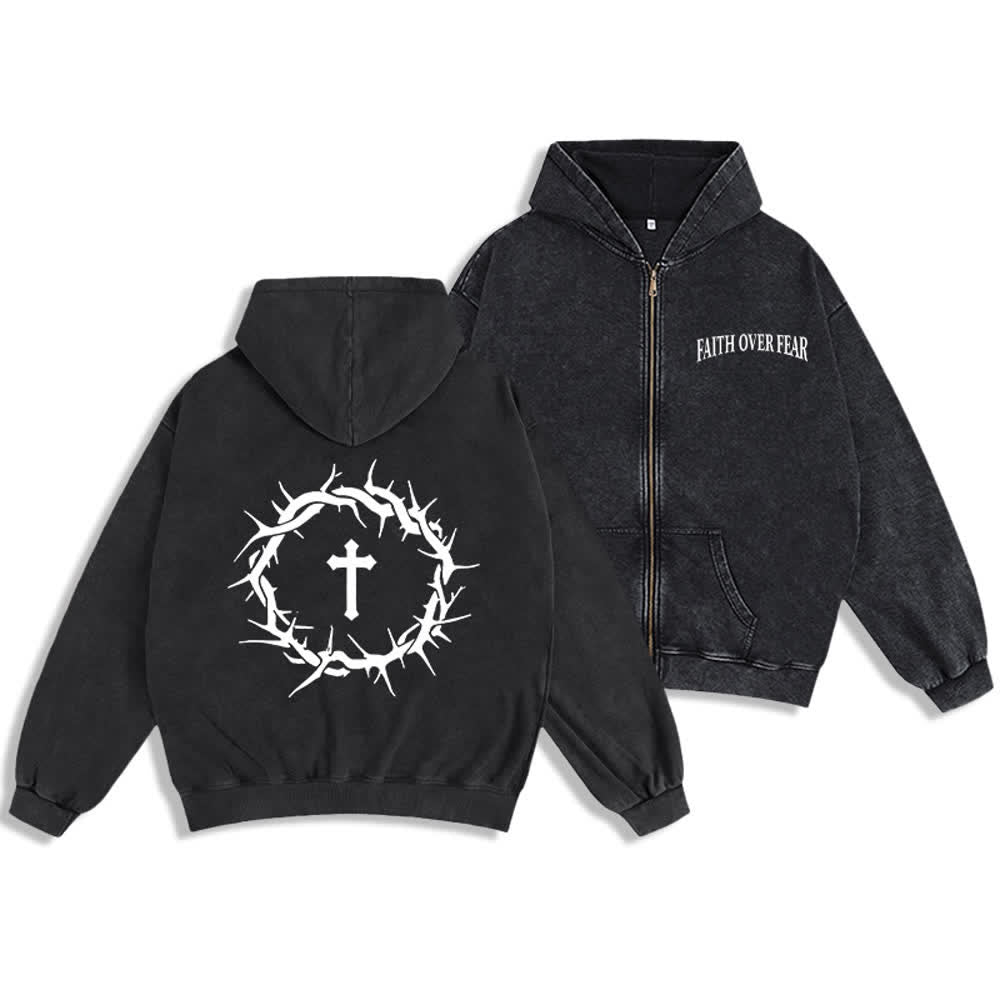 Chaqueta con capucha y cremallera con diseño de rosa vintage de Christianartworkshop : Fe sobre el miedo. - Negro - 2XL - image 3