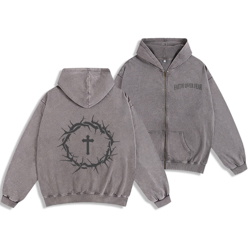 Chaqueta con capucha y cremallera con diseño de rosa vintage de Christianartworkshop : Fe sobre el miedo. - Gris - 2XL - image 6