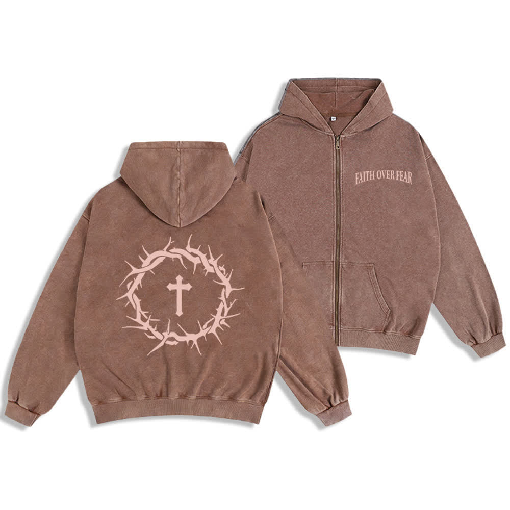 Chaqueta con capucha y cremallera con diseño de rosa vintage de Christianartworkshop : Fe sobre el miedo. - Marrón - 2XL - image 9