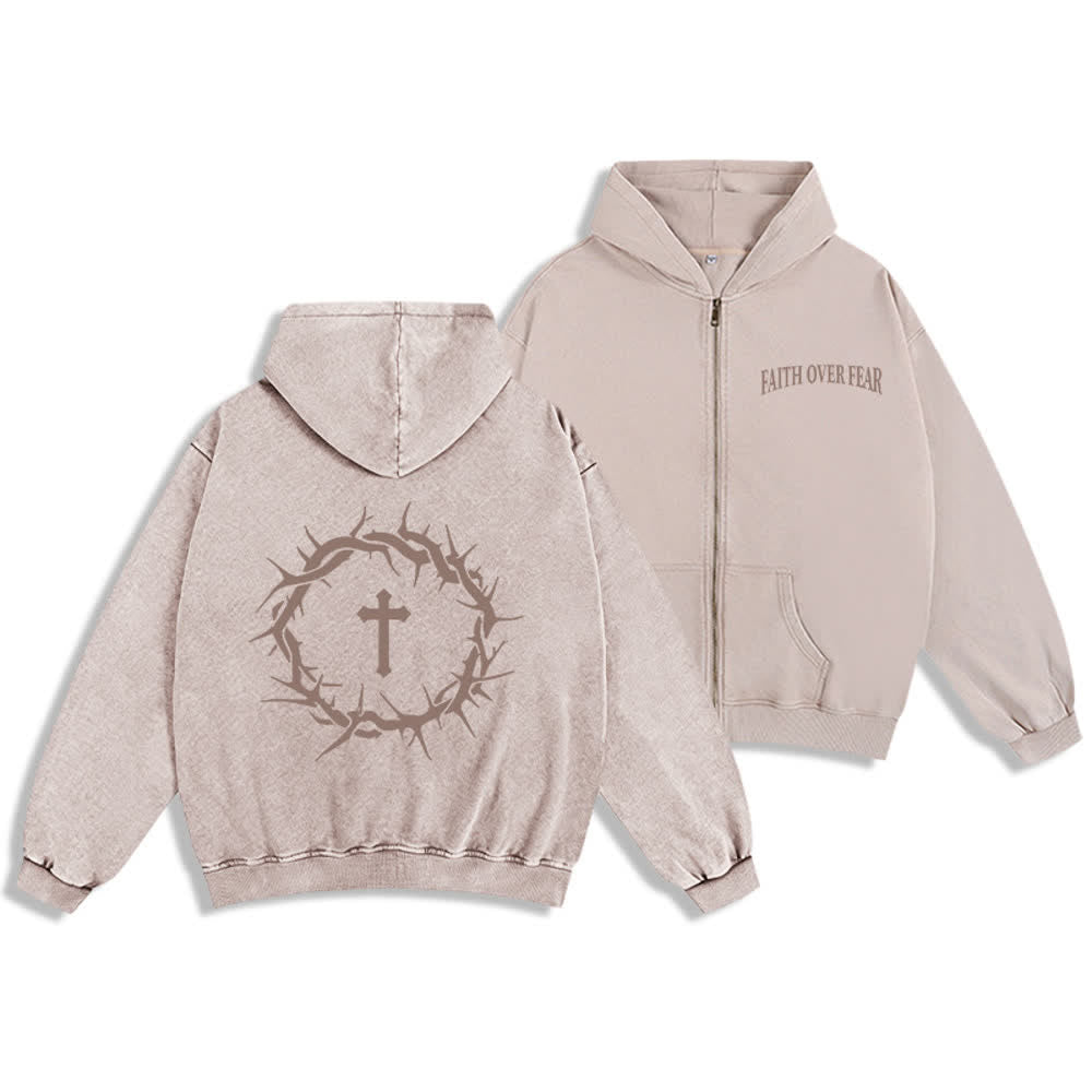 Chaqueta con capucha y cremallera con diseño de rosa vintage de Christianartworkshop : Fe sobre el miedo. - Beige - 2XL - image 12
