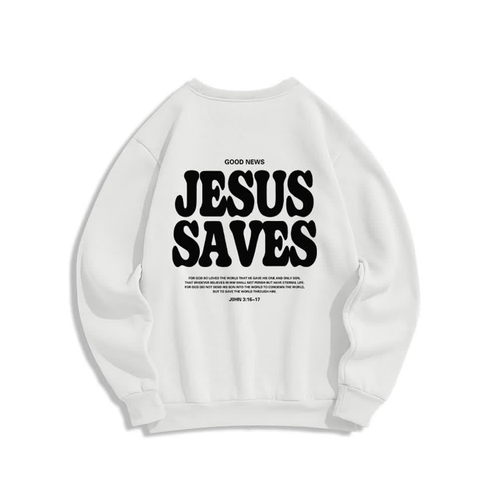 Christianartworkshop Sudadera con cuello redondo extragrande y forro polar con el mensaje "Jesús salva" - image 1