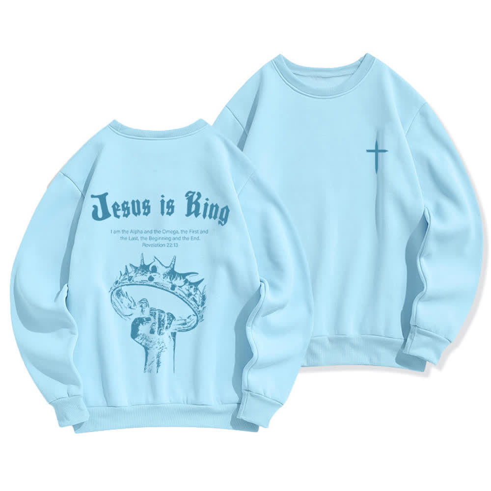 Christianartworkshop Sudadera de cuello redondo con estampado de corona de Jesús es Rey - Azul - 2XL - image 9
