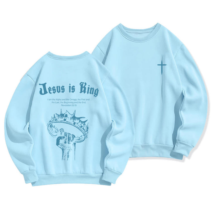 Christianartworkshop Sudadera de cuello redondo con estampado de corona de Jesús es Rey - Azul - 2XL - image 9