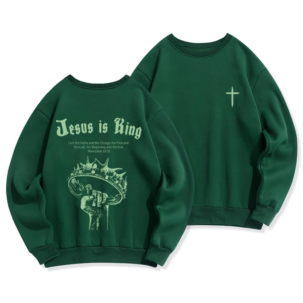 Christianartworkshop Sudadera de cuello redondo con estampado de corona de Jesús es Rey - Verde - 2XL - image 12