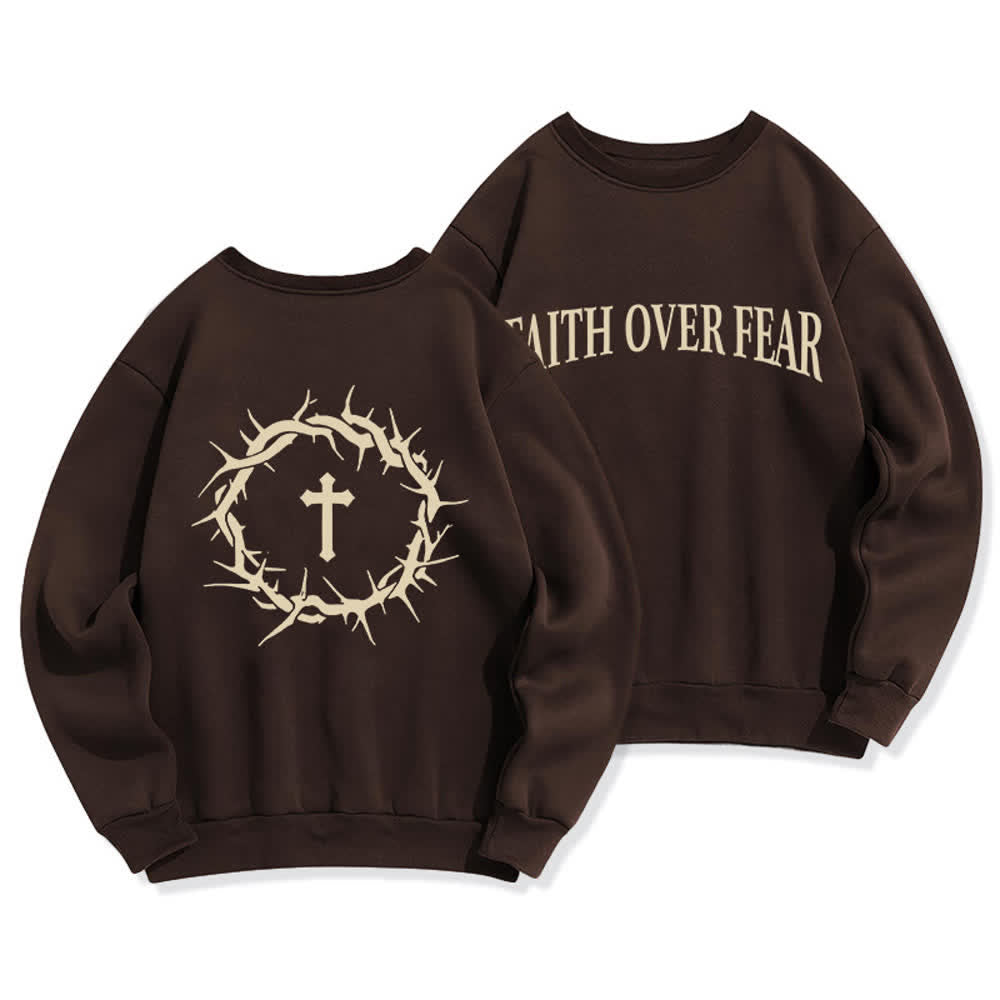 Christianartworkshop Sudaderas de cuello redondo con forro polar y estampado de cruz "Fe sobre el miedo" - Marrón - 2XL - image 0