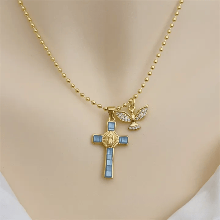 Christianartworkshop Collar con cruz incrustada en tonos pastel del Espíritu Santo, emblema de protección celestial. - Azul cielo - image 11