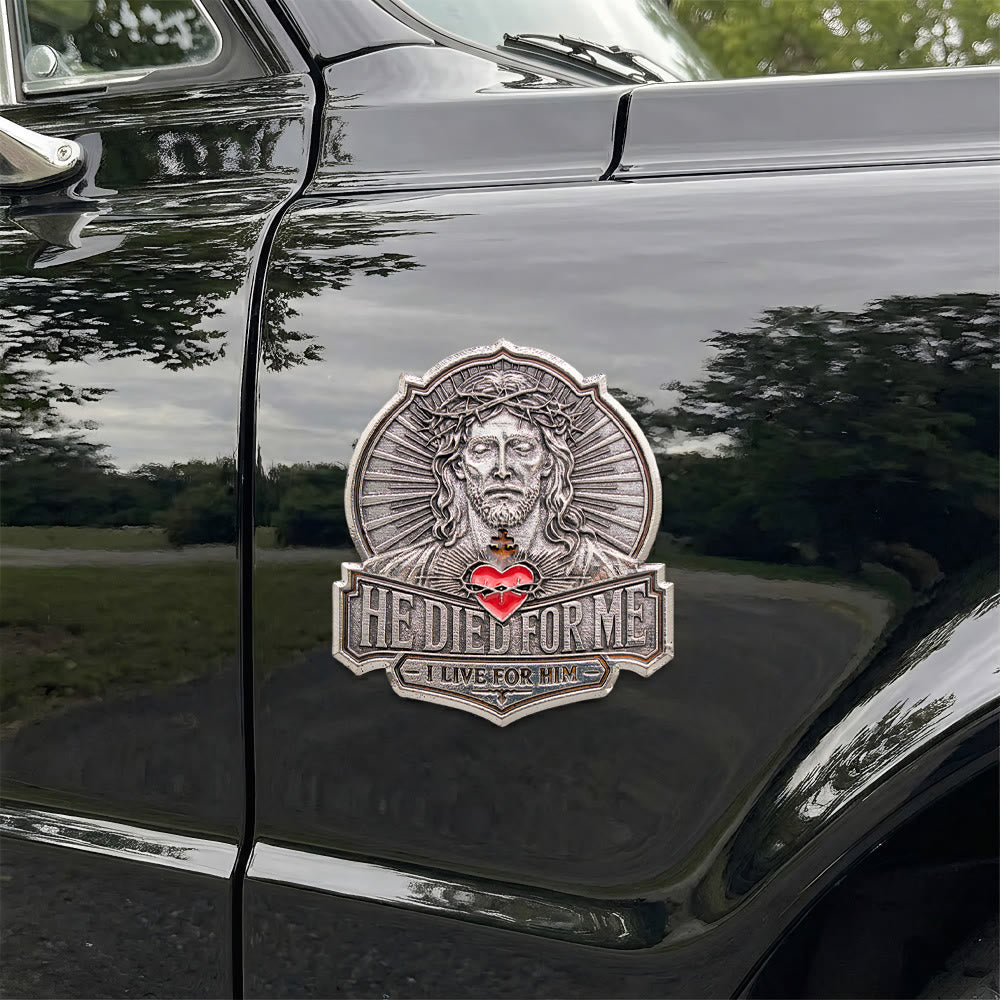 Christianartworkshop Emblema metálico magnético vintage para coche "Él murió por mí": Emblema de amor y misericordia ilimitados. - image 1