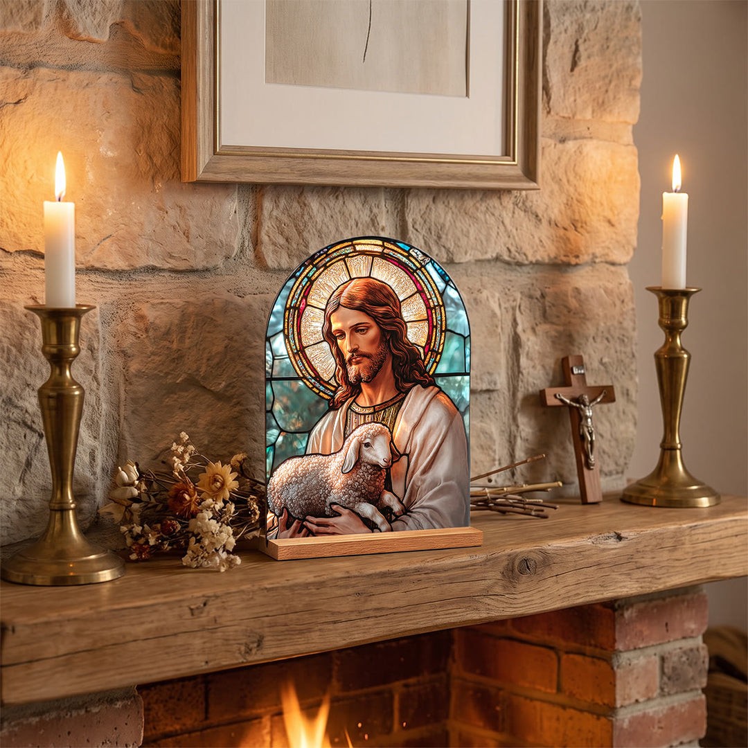 Christianartworkshop Placa de escritorio arqueada con soporte de madera, cruz religiosa de vitral, Virgen María y Jesús. Decoración de mesa. - Jesús - image 0