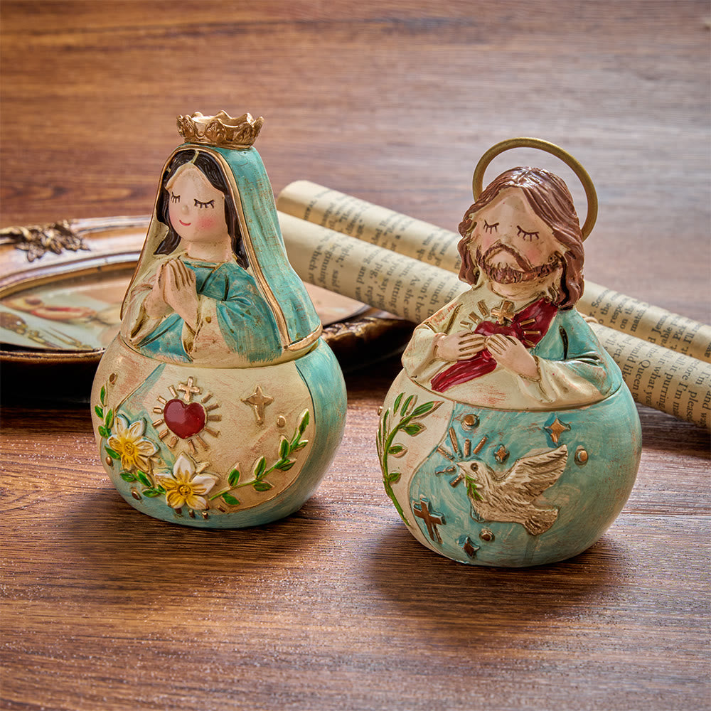Christianartworkshop Par de porta rosarios de la Virgen Coronada y Jesús Aureolado: Símbolo de la dulce paz celestial. - image 0