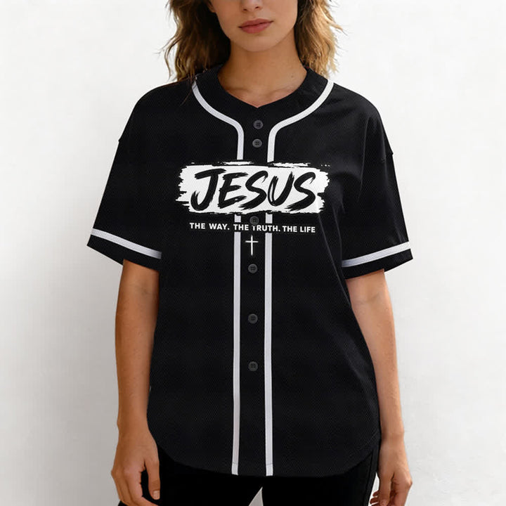 Christianartworkshop Jesús El Camino Estampado a pincel Camiseta de béisbol negra - image 4