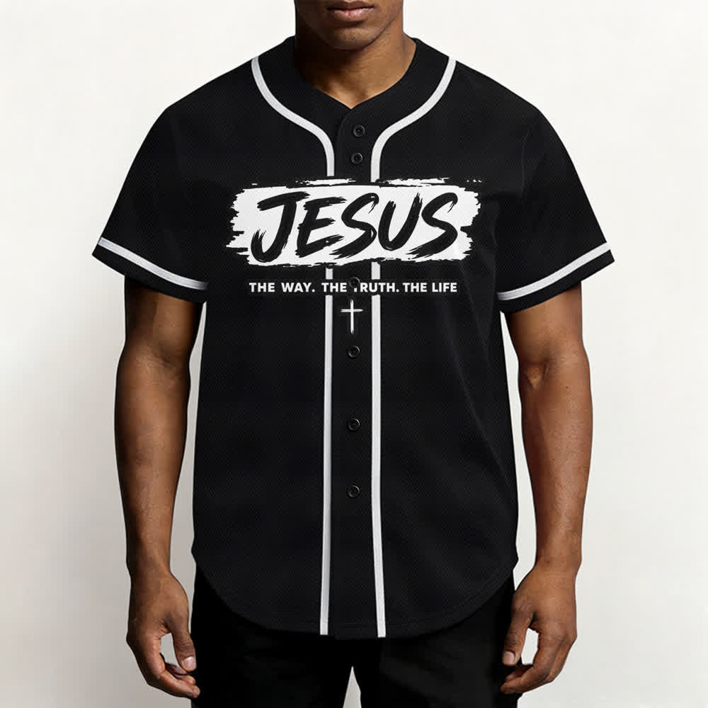 Christianartworkshop Jesús El Camino Estampado a pincel Camiseta de béisbol negra - image 6