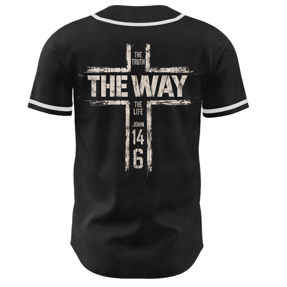 Christianartworkshop Jesús El Camino Estampado a pincel Camiseta de béisbol negra - image 1