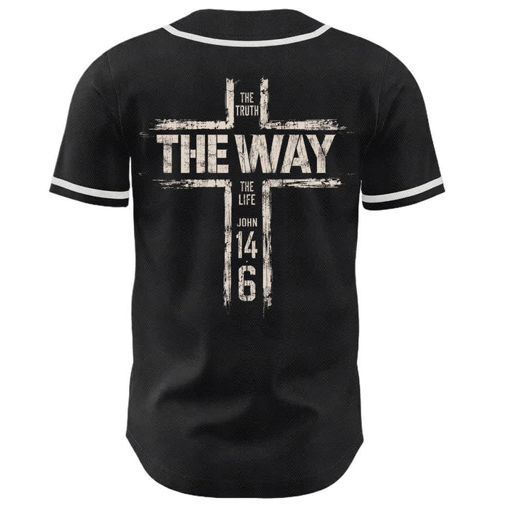 Christianartworkshop Jesús El Camino Estampado a pincel Camiseta de béisbol negra - image 1