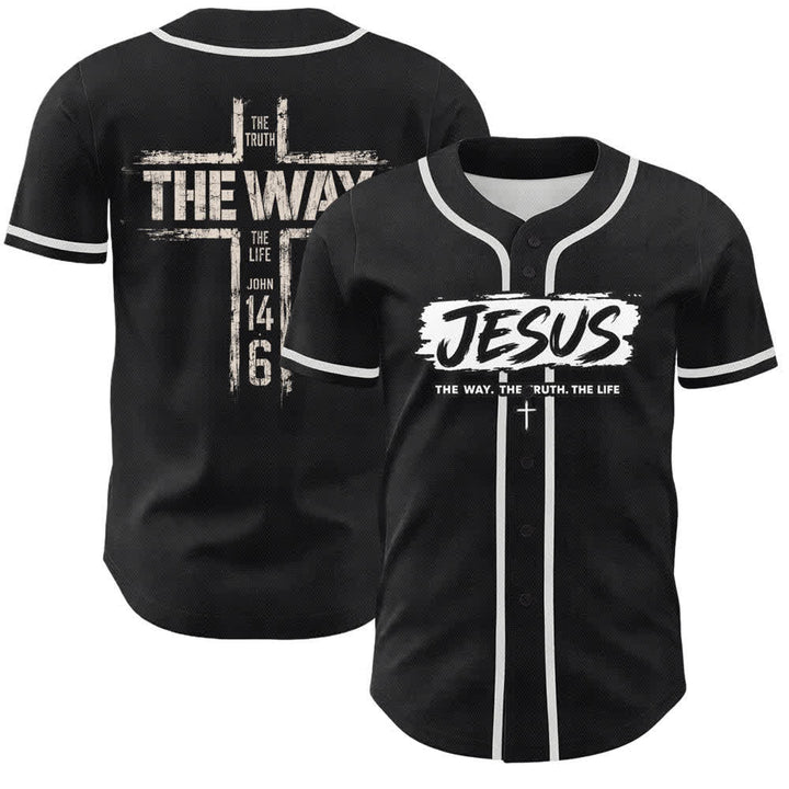 Christianartworkshop Jesús El Camino Estampado a pincel Camiseta de béisbol negra - Blanco - 5XL - image 0