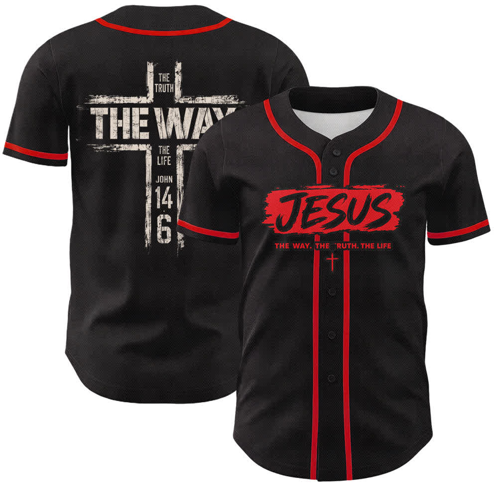 Christianartworkshop Jesús El Camino Estampado a pincel Camiseta de béisbol negra - Rojo - 5XL - image 7