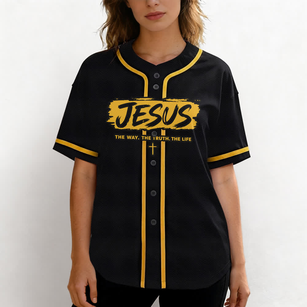 Christianartworkshop Jesús El Camino Estampado a pincel Camiseta de béisbol negra - image 18