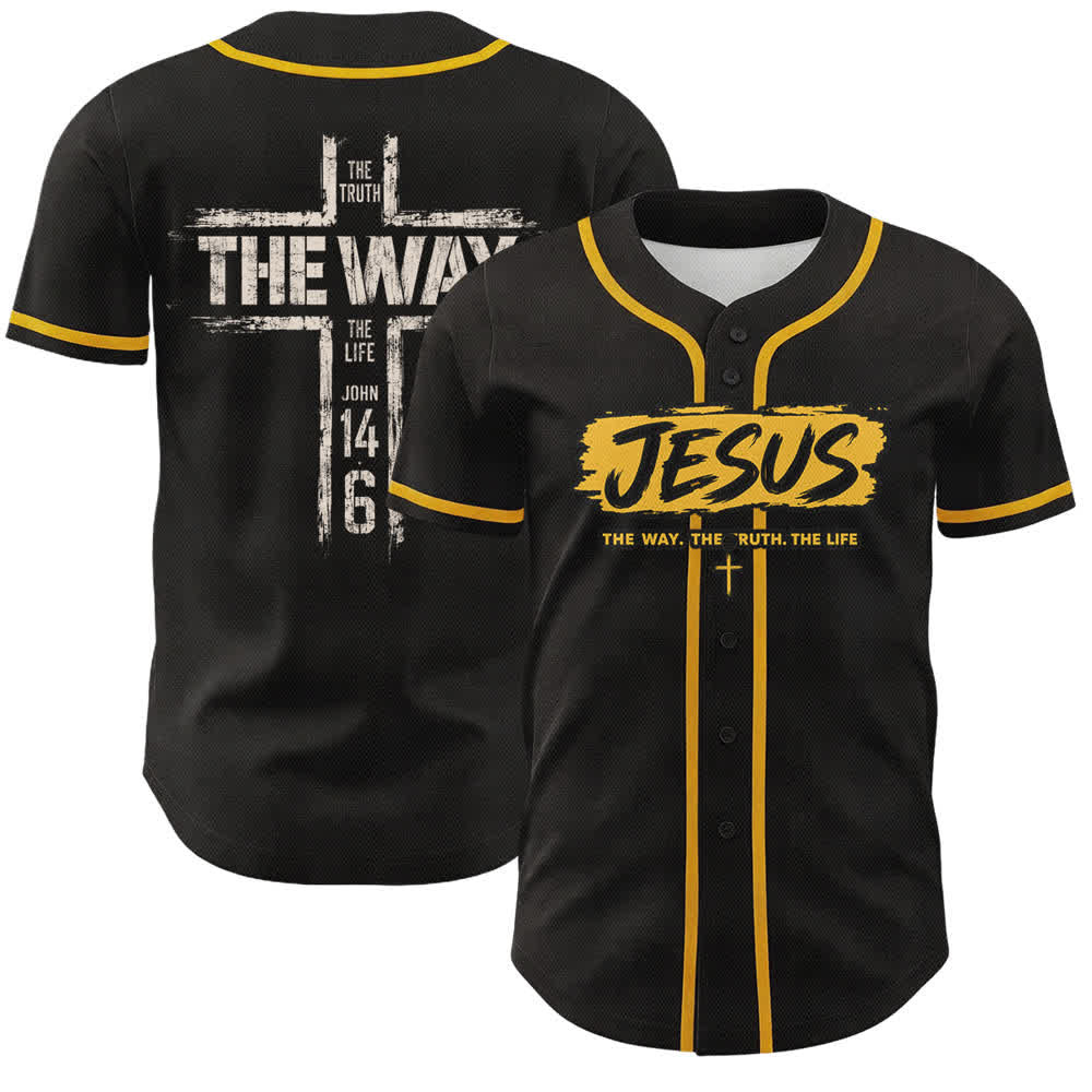 Christianartworkshop Jesús El Camino Estampado a pincel Camiseta de béisbol negra - Amarillo - 5XL - image 14