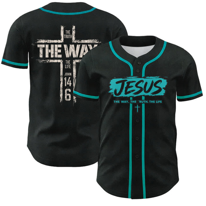 Christianartworkshop Jesús El Camino Estampado a pincel Camiseta de béisbol negra - Azul del lago - 5XL - image 28