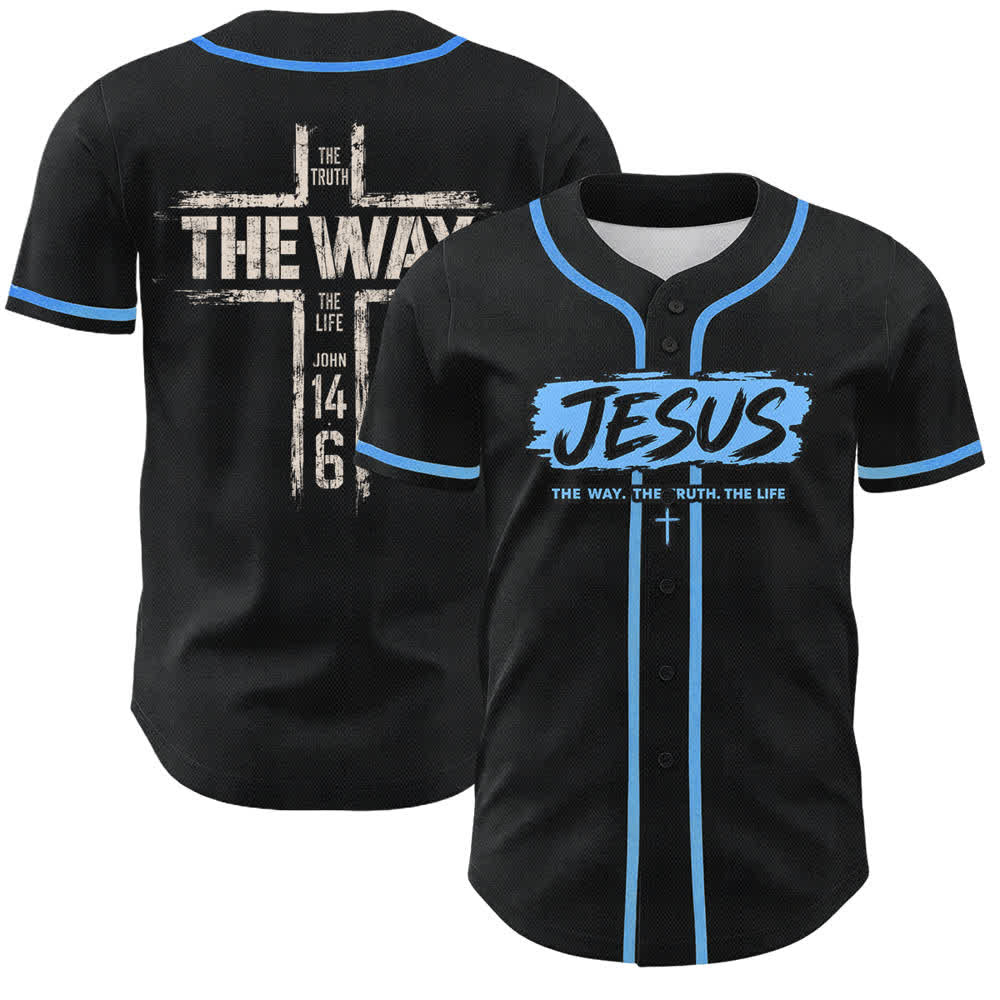 Christianartworkshop Jesús El Camino Estampado a pincel Camiseta de béisbol negra - Azul cielo - 5XL - image 35