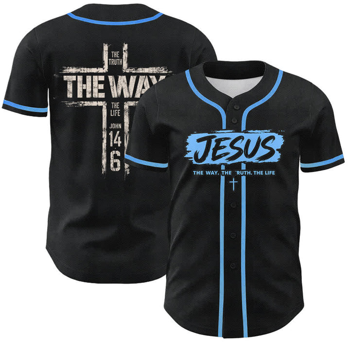 Christianartworkshop Jesús El Camino Estampado a pincel Camiseta de béisbol negra - Azul cielo - 5XL - image 35