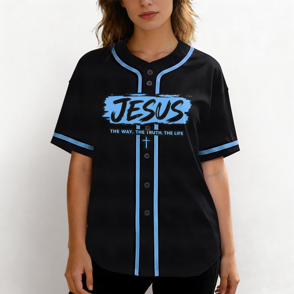 Christianartworkshop Jesús El Camino Estampado a pincel Camiseta de béisbol negra - image 39