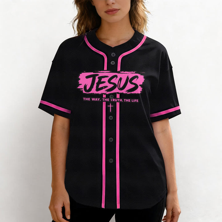 Christianartworkshop Jesús El Camino Estampado a pincel Camiseta de béisbol negra - image 46