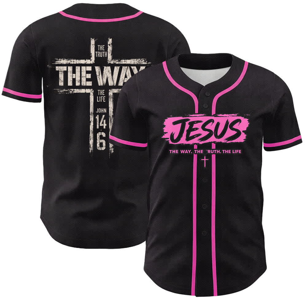Christianartworkshop Jesús El Camino Estampado a pincel Camiseta de béisbol negra - Rosa - 5XL - image 42