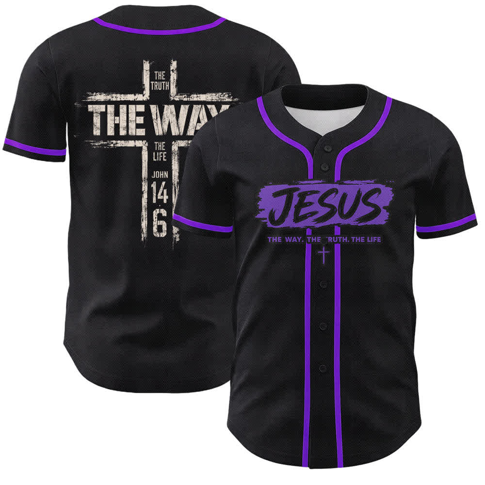 Christianartworkshop Jesús El Camino Estampado a pincel Camiseta de béisbol negra - Púrpura - 5XL - image 49