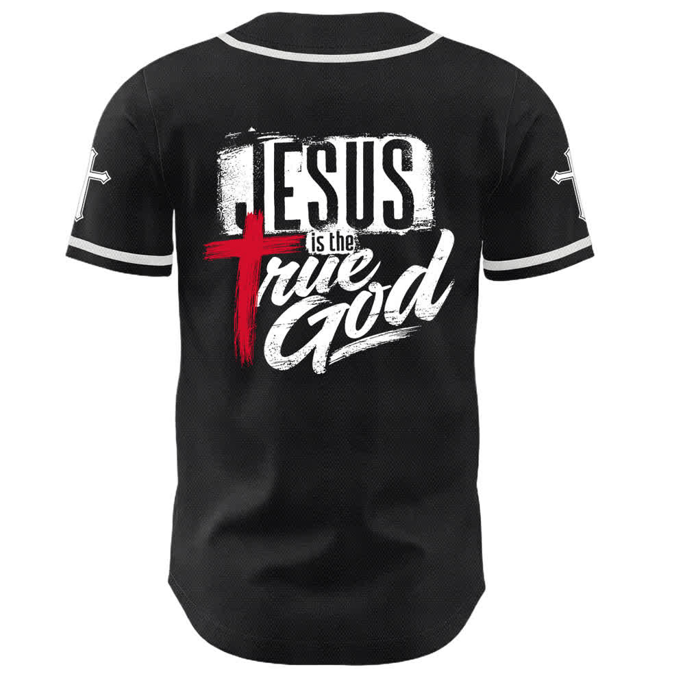 Christianartworkshop Jesús Dios verdadero Cruz Roja Camiseta de béisbol negra - image 1