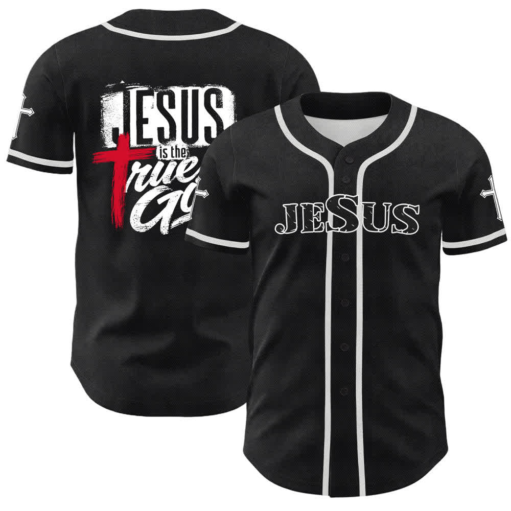 Christianartworkshop Jesús Dios verdadero Cruz Roja Camiseta de béisbol negra - Blanco - 5XL - image 0