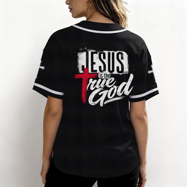 Christianartworkshop Jesús Dios verdadero Cruz Roja Camiseta de béisbol negra - image 3
