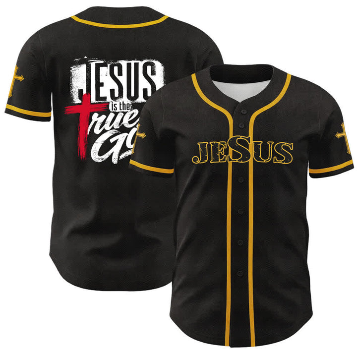 Christianartworkshop Jesús Dios verdadero Cruz Roja Camiseta de béisbol negra - Amarillo - 5XL - image 21