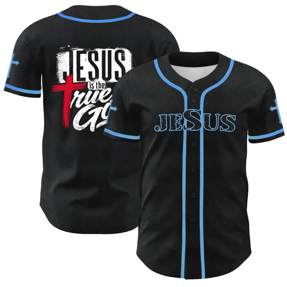 Christianartworkshop Jesús Dios verdadero Cruz Roja Camiseta de béisbol negra - Azul cielo - 5XL - image 28