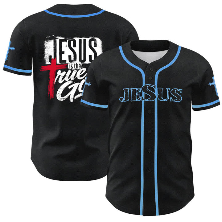 Christianartworkshop Jesús Dios verdadero Cruz Roja Camiseta de béisbol negra - Azul cielo - 5XL - image 28