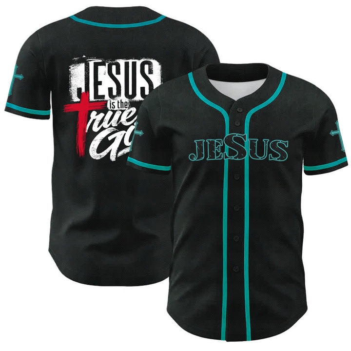 Christianartworkshop Jesús Dios verdadero Cruz Roja Camiseta de béisbol negra - Azul del lago - 5XL - image 35
