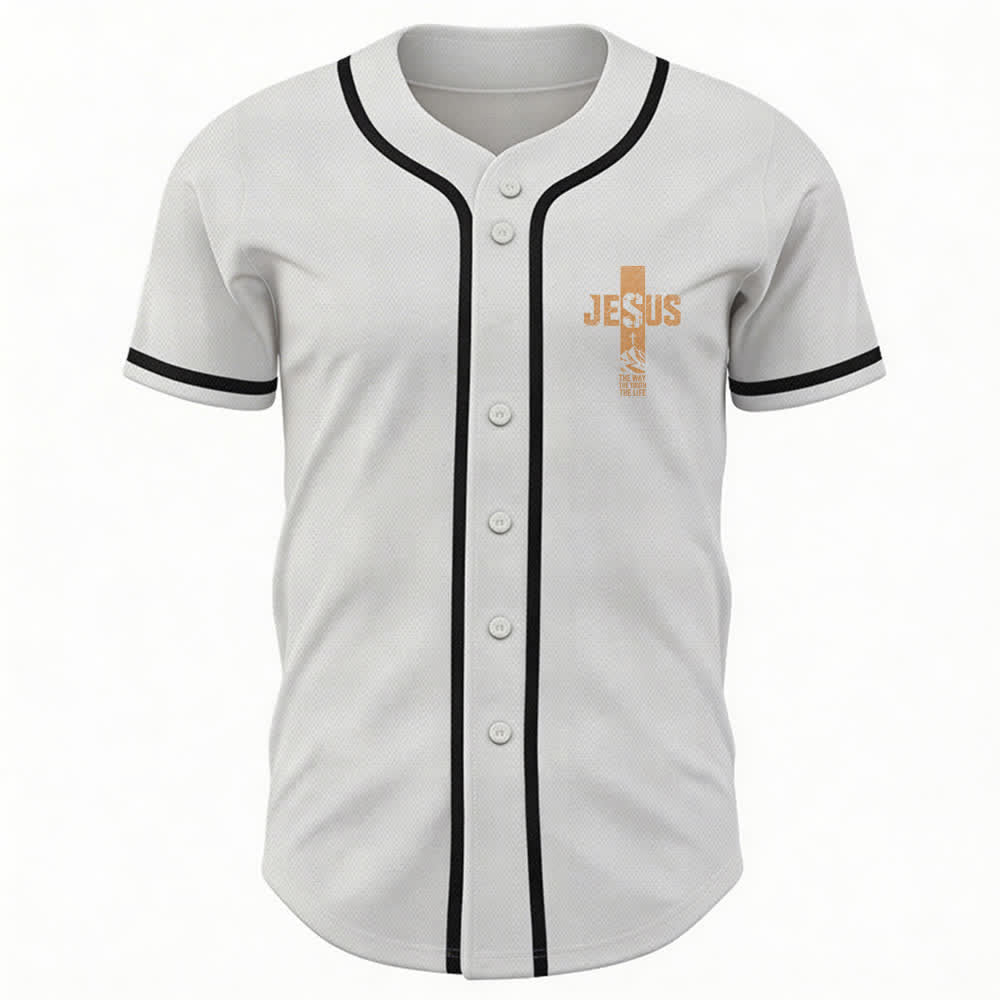 Christianartworkshop Camiseta de béisbol con estampado de cruz de Jesús, malla desgastada y botones frontales. - image 2