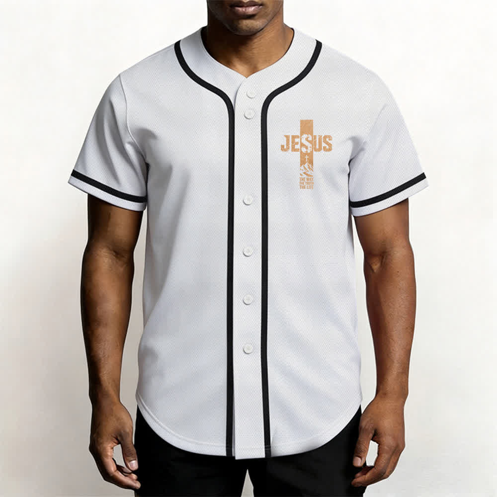Christianartworkshop Camiseta de béisbol con estampado de cruz de Jesús, malla desgastada y botones frontales. - image 6