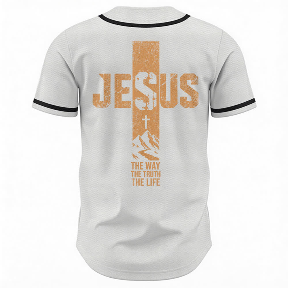 Christianartworkshop Camiseta de béisbol con estampado de cruz de Jesús, malla desgastada y botones frontales. - image 1