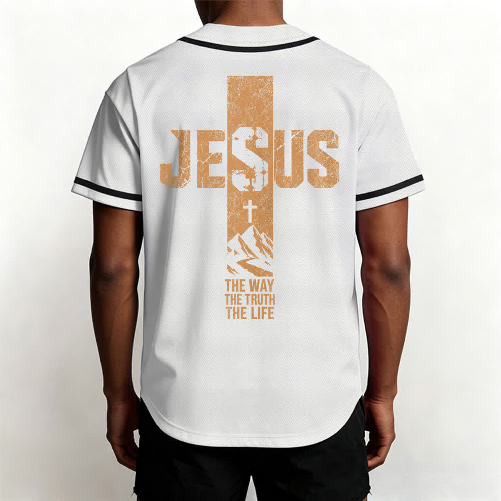 Christianartworkshop Camiseta de béisbol con estampado de cruz de Jesús, malla desgastada y botones frontales. - image 5