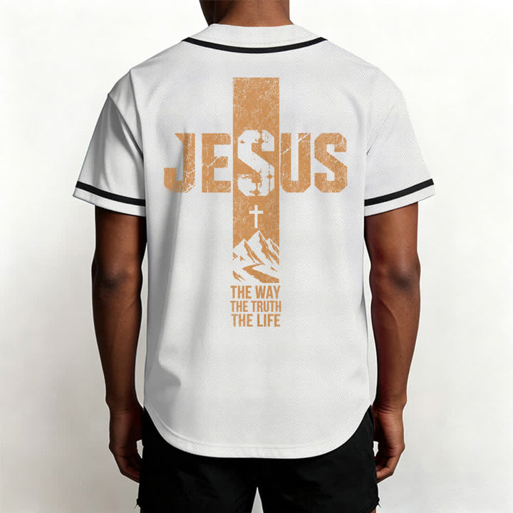Christianartworkshop Camiseta de béisbol con estampado de cruz de Jesús, malla desgastada y botones frontales. - image 5