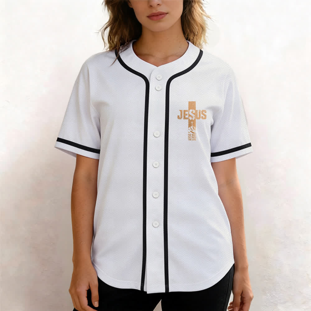 Christianartworkshop Camiseta de béisbol con estampado de cruz de Jesús, malla desgastada y botones frontales. - image 4