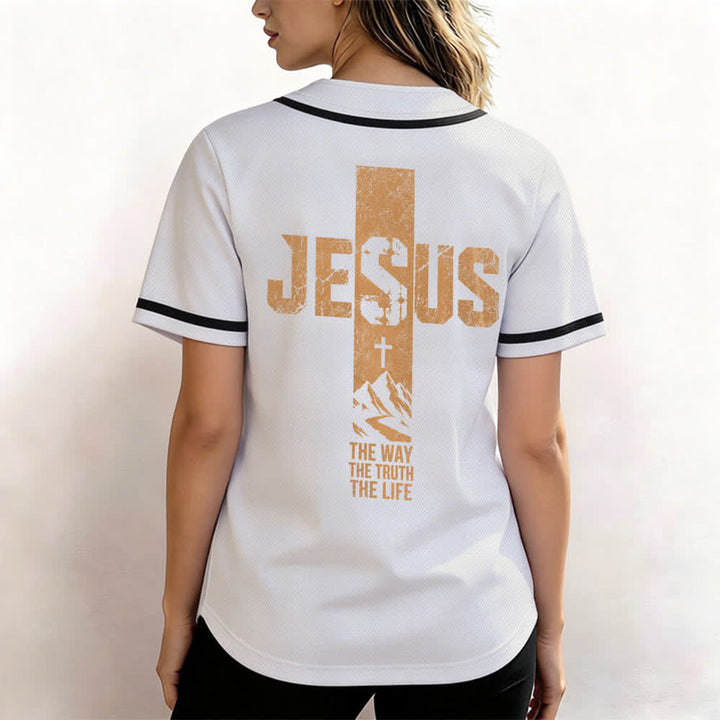 Christianartworkshop Camiseta de béisbol con estampado de cruz de Jesús, malla desgastada y botones frontales. - image 3